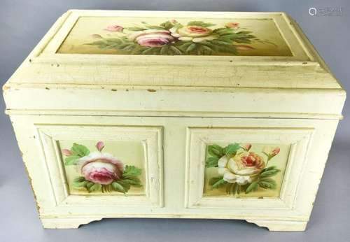 Hand Painted with Roses White Washed Wooden Chest