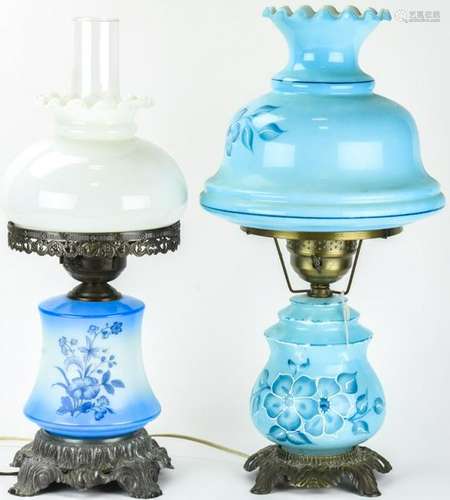 Pair Blue + White Milk Glass Converted Oil Lamps