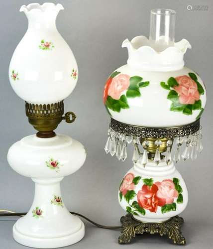 Pair Rose Themed Milk Glass Converted Oil Lamps