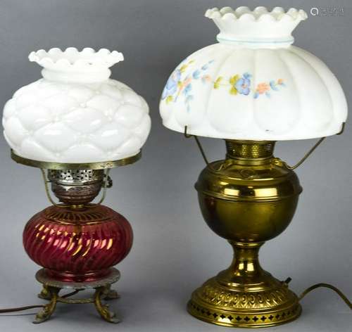 Pair Milk Glass Brass Converted Oil Lamps