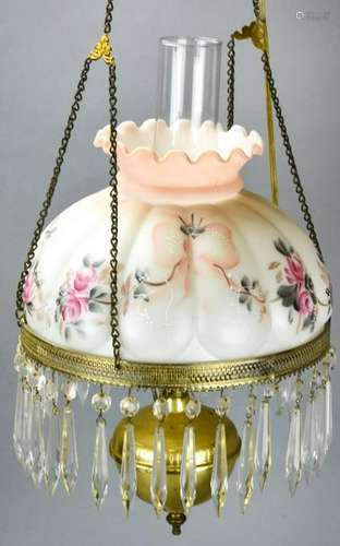 Victorian Milk Glass Chandelier Hand Painted Roses