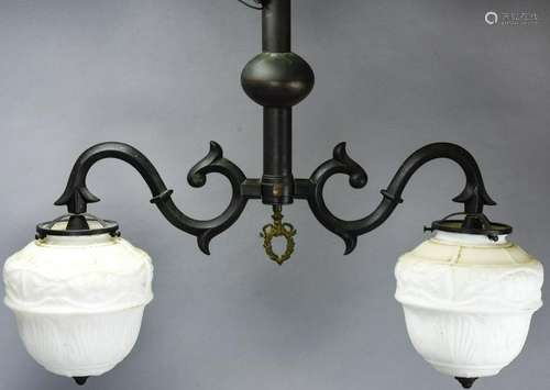 Art Nouveau Milk Glass Rubbed Brass Chandelier