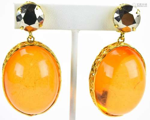 Vintage Schreiner Faux Amber & Rhinestone Earrings