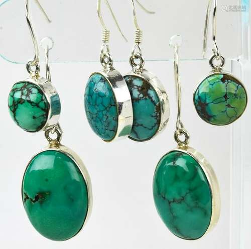 Three Pairs Sterling Silver & Turquoise Earrings