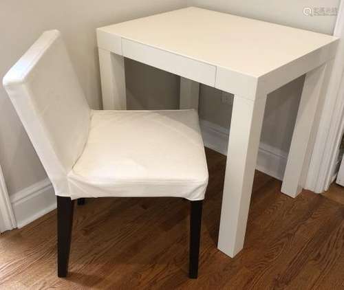 Contemporary Small Scale White Enamel Desk + Chair