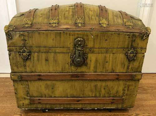 Antique Refinished Metal + Wood Banded Dome Trunk