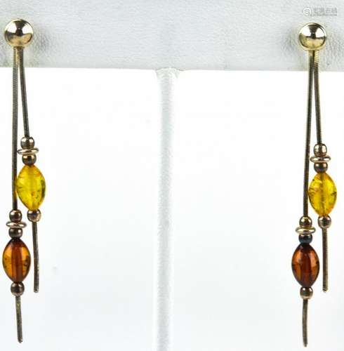 Vintage Sterling Silver & Amber Bead Earrings