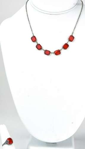 Antique Art Deco Red Crystal Necklace & Ring