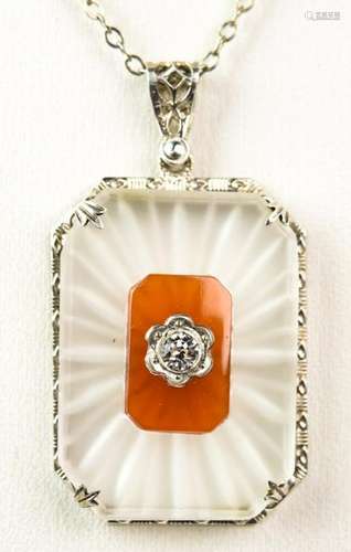 Antique Art Deco Frosted Glass Carnelian Necklace