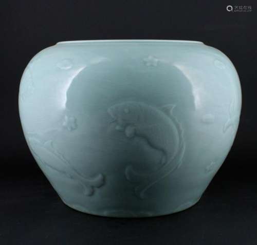 Large Chinese Qing Porcelain Light Blue Tank Jar