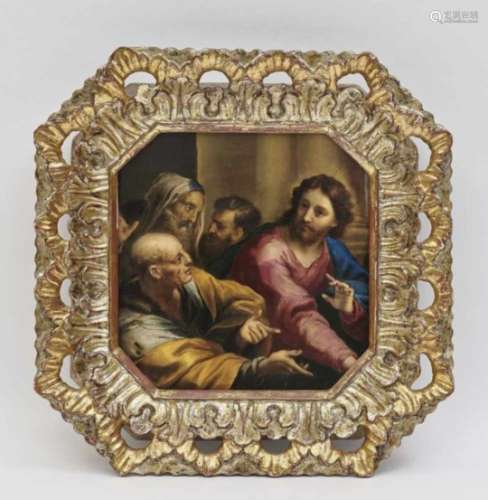 Christ and the Traders in the Temple19th century Porcelain image. Framed. Crack. 16 x 15 cm.