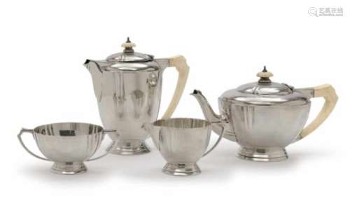 A 4-piece tea and coffee serviceLondon, 1940, Ollivant & Botsford Silver, ivory handles and knobs.