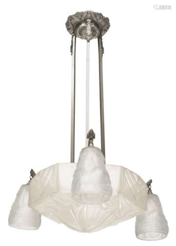 Two Art Deco lampsFrance, circa 1930 Pressed glass. Metal mounting. Ornamental relief. Height 84 cm,