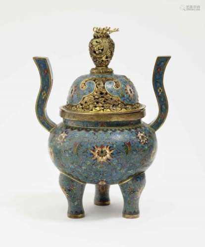 A Cloisonné incense burnerChina, Qing Bronze. Email decor on turquoise ground. Height 31 cm.China,
