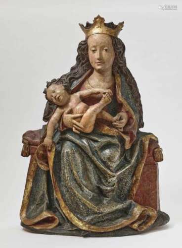 Enthroned Madonna16th century (?) Lime, hollowed out back. Polychrome painting. Restored. Height