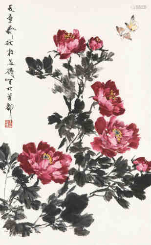 王雪涛（1903～1982） 牡丹蝴蝶 镜框 设色纸本