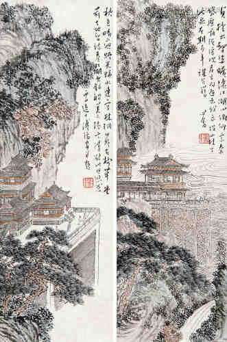 溥儒（1896～1963） 山水对屏 镜框 设色纸本