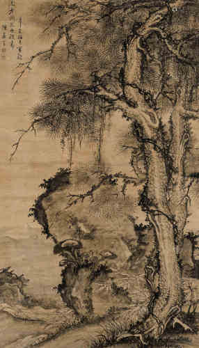 陈嘉言（1599～1678） 1671年作 松石灵芝 立轴 水墨金笺纸