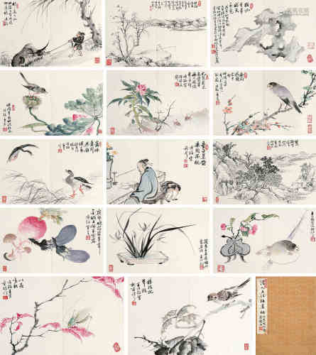 王冶梅（1832～1892） 人物花鸟山水册 （十四帧） 册页 水墨、设色纸本