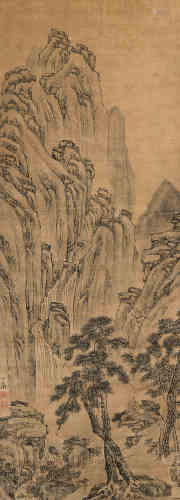 黄道周（1585～1646） 观瀑图 立轴 设色绫本
