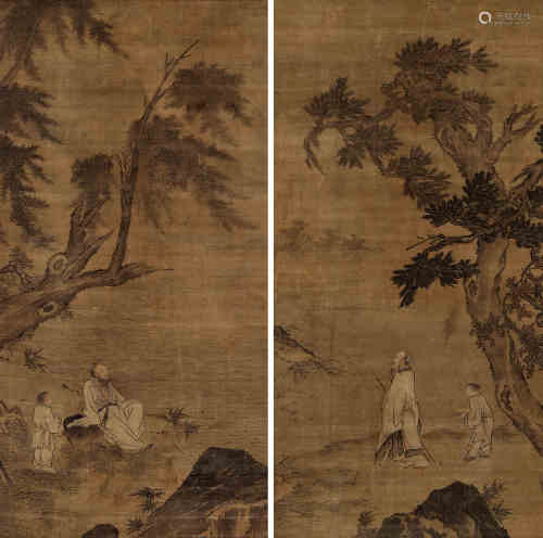 戴文进（1388～1462）（传） 人物木石图 （二幅） 立轴 设色绢本