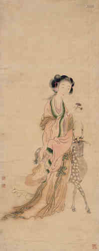 汤禄名（1804～1874） 仕女仙鹿图 立轴 设色绢本
