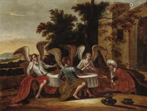 Dutch School, 17th centuryAbraham hosts the Three Angels Oil on panel. 48 x 64.5 cm. Restored.