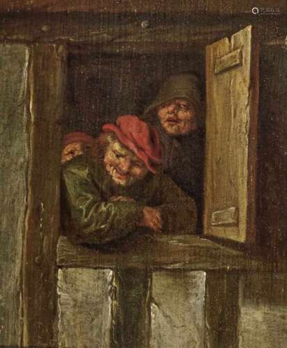 In the style of Brouwer, AdriaenThree Farmers at the Window Oil on panel. 16.3 x 13 cm. Restored.