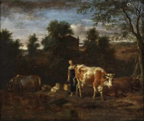 Velde, Adriaen van deMaid with Cow Signed lower right and indistinctly dated 16(?). On the verso,