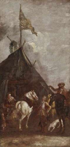 Follower of Wouwerman, PhilipsCamp Oil on canvas. 140 x 67 cm. Relined. Restored. Minor damage to