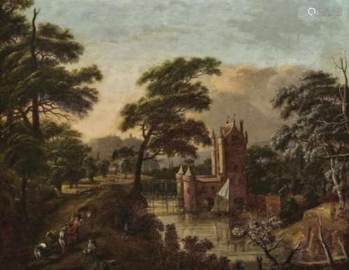 In the style of Drielenburgh, Willem vanForest Landscape with a Moated Castle and Figure Scenery Oil
