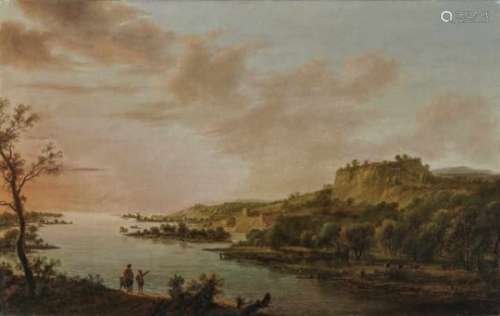 (In the style of) Dubois, Charles SylvaPanoramic River Landscape in the Evening Light Oil on canvas.