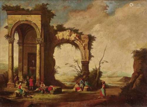 Italian School (?), 18th centuryRuin Landscape with Figure Scenery Two paintings. Tempera on canvas.