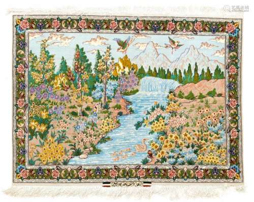 Tapis Ispahan, Iran, 2ème moitié du XXe s., à décor d'un paysage fleuri avec [...]
