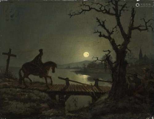 Attributed to Hampe, Karl FriedrichNocturnal Lake Shore in the Moonlight Oil on panel. 22 x 28.3 cm.