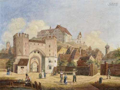 South German, 19th centuryThe Ländtor in Landshut - View of Füssen with the High Palace and Church