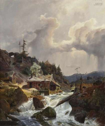 Attributed to Achenbach, AndreasSawmill on the Mountain Stream Traces of a signature lower left. Oil