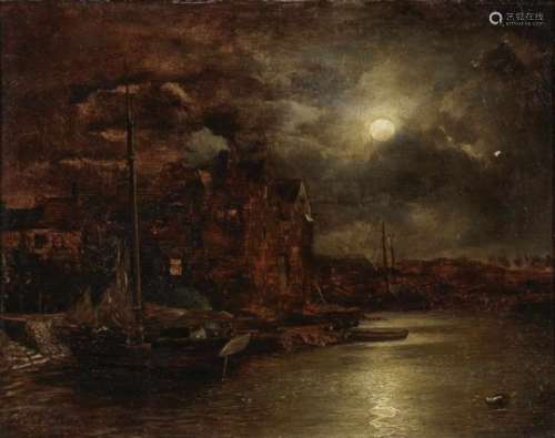 Achenbach, AndreasPort City in the Moonlight Signed lower left and dated (18)84. Oil on panel. 32