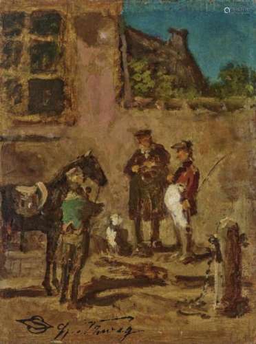 Spitzweg, CarlRider with Horse in the Yard Estate stamp lower left. On the verso, numbered 65 in