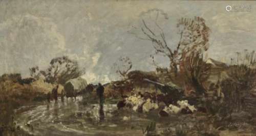 Wenglein, JosefVillage Landscape with Covered Wagon and Flock of Sheep Signed lower right. Verso