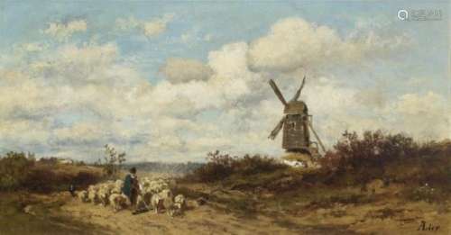 Lier, AdolfLandscape with Windmill and Shepherds Signed lower right. Oil on canvas. 26 x 49 cm.