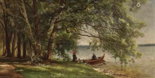 Hellrath, EmilElegant Couple on the Lake Shore Signed lower left. Verso with estate stamp. Oil on