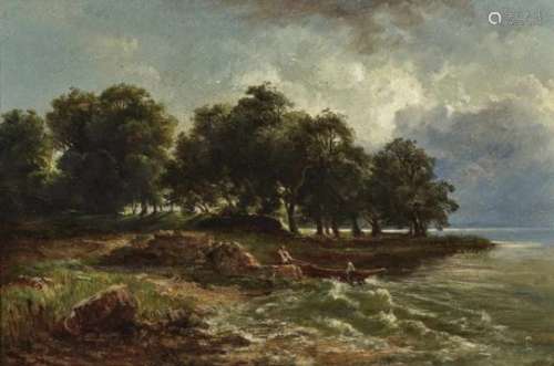 Haunold, Carl (Carl Franz Emanuel)Lakeshore with Barge On the verso, label with reference to ''ehem.