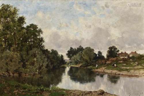 Cicéri, EugèneRiver Landscape with Figure Scenery Signed lower right and dated (18)78. Oil on panel.