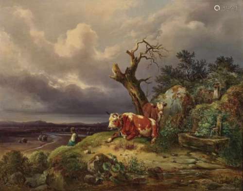 Mahlknecht, EdmundLandscape with Cows and Shepherdess Signed lower right and dated (1)847. Oil on