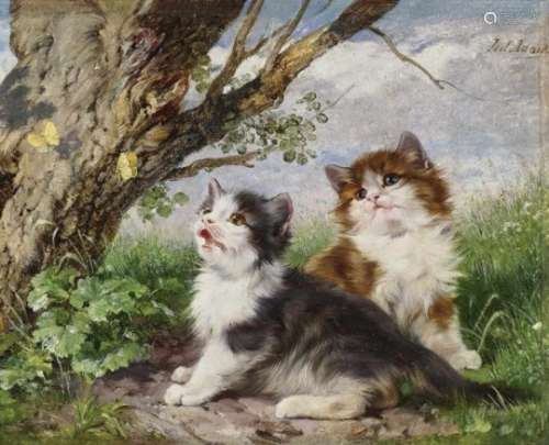 Adam, Julius, the YoungerTwo Kittens with Butterflies Signed upper right. Oil on panel. 15.3 x 19