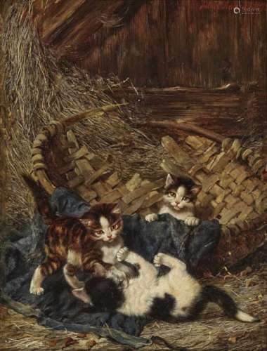 Adam, Julius, the YoungerThree Kittens Playing in a Wicker Basket Signed upper right and dated 1887.