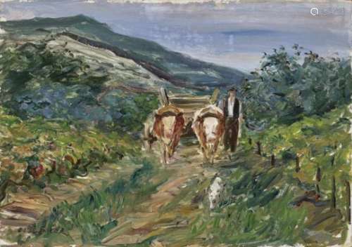 Dill, OttoFarmer with Ox Cart Signed lower left. Verso numbered 61. Oil on cardboard. 49 x 69.5