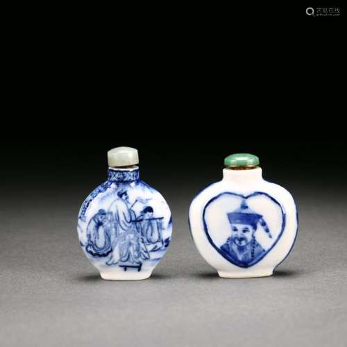 Two Blue and White Porcelain Snuff Bottles, 19th