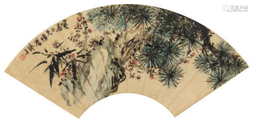 符铸（1881～1947） 岁寒三友 镜框 设色洒金纸本